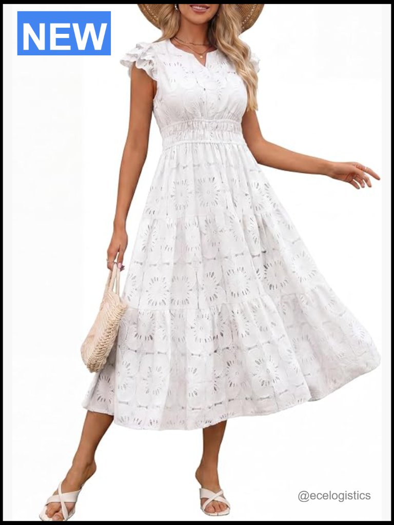 Eyelet Lace Midi Dress Smocked V Neck Ruffle Sleeve Tiered Summer